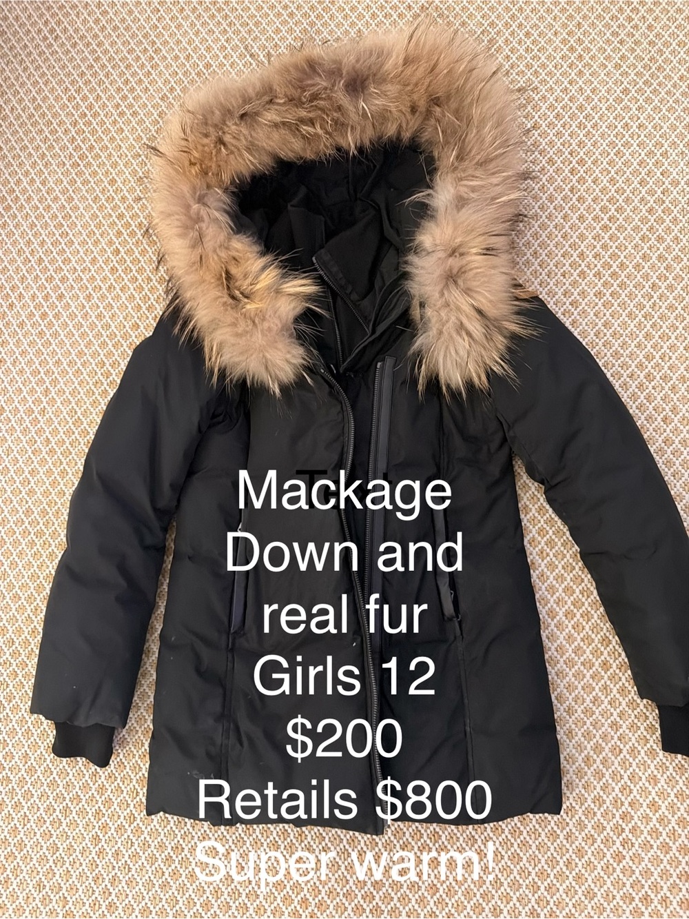Mackage Black Down Parka with Natural Fur-Trim Hood